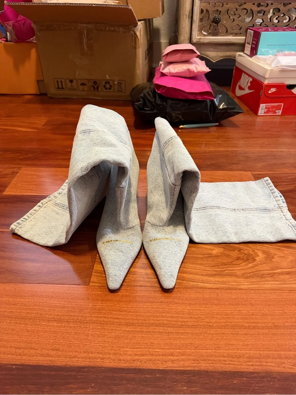 Alexander Wang Light Gray Stretch Over-the-Knee Pointed-Toe Boots